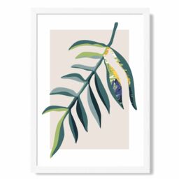 ARTZE Tropical Leaf Teal & Green Mid Century Modern Framed Print SIZE: A2 with White Frame - thumbnail 1