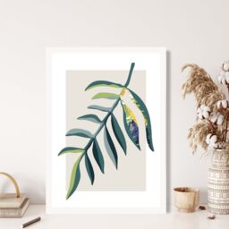 ARTZE Tropical Leaf Teal & Green Mid Century Modern Framed Print SIZE: A2 with White Frame - thumbnail 2