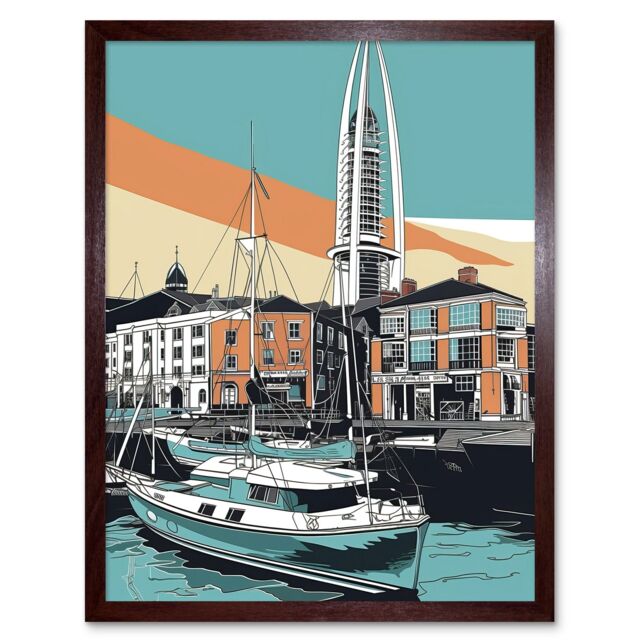 "Artery8 Wall Art Print Portsmouth Historic Dockyard Modern Linocut Style Art Framed in Brown - Size: W12"" x H16""" - image 1