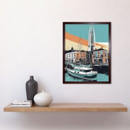 "Artery8 Wall Art Print Portsmouth Historic Dockyard Modern Linocut Style Art Framed in Brown - Size: W12"" x H16""" - thumbnail 2