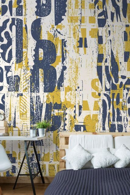 Origin Murals Letterpress Graffiti Wall Mural in Yellow - Size: W350 cm x H280 cm - image 1