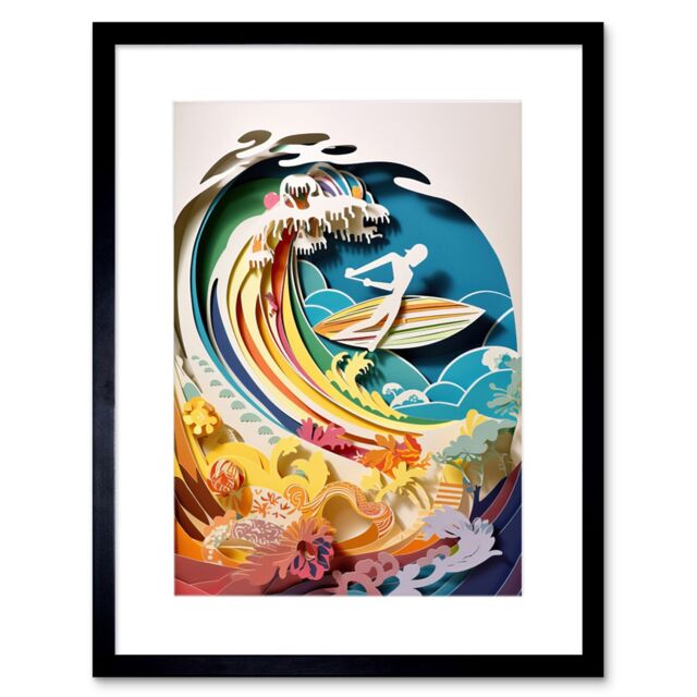 "Artery8 Wall Art Print Rainbow Kirigami Surfer Surfing Coastal Landscape Artwork Framed 9X7 Inch in Black - Size: W7"" x H9""" - image 1