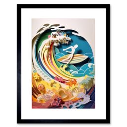 "Artery8 Wall Art Print Rainbow Kirigami Surfer Surfing Coastal Landscape Artwork Framed 9X7 Inch in Black - Size: W7"" x H9""" - thumbnail 1
