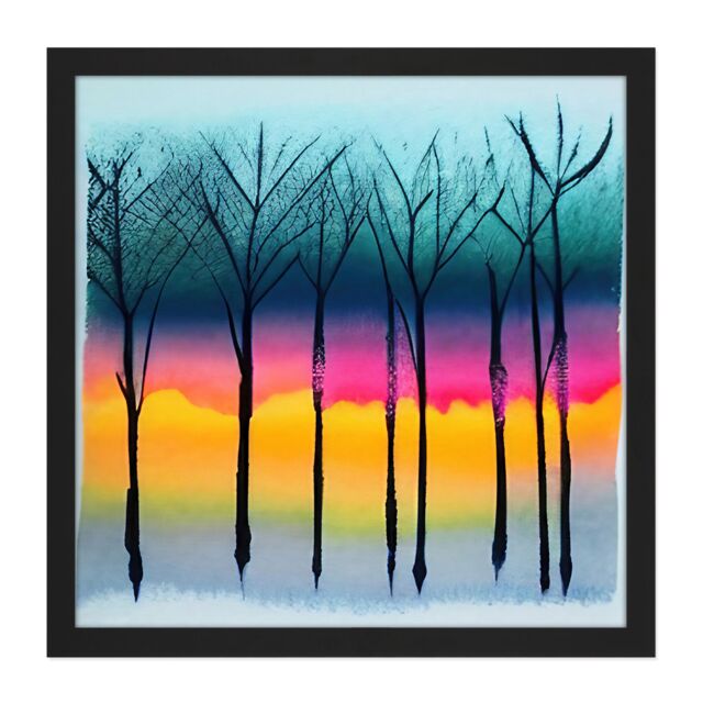 Artery8 Wall Art Print Winter Trees At Sunset Watercolour Forest Colourful Pastel Silhouette Painting Square Framed Picture 16X16 Inch - image 1