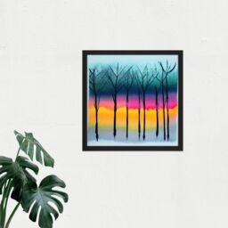 Artery8 Wall Art Print Winter Trees At Sunset Watercolour Forest Colourful Pastel Silhouette Painting Square Framed Picture 16X16 Inch - thumbnail 2