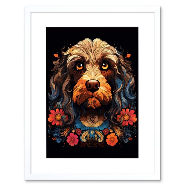 Artery8 Wall Art Print Cockapoo Dog w/ Ornate Collar & Flowers Symmetrical Floral Artwork Orange Pink Blue Tribal Design on Black Artwork Framed 9X7 - image 1
