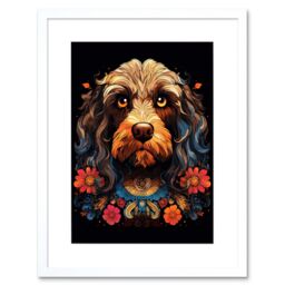 Artery8 Wall Art Print Cockapoo Dog w/ Ornate Collar & Flowers Symmetrical Floral Artwork Orange Pink Blue Tribal Design on Black Artwork Framed 9X7 - thumbnail 1