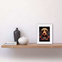 Artery8 Wall Art Print Cockapoo Dog w/ Ornate Collar & Flowers Symmetrical Floral Artwork Orange Pink Blue Tribal Design on Black Artwork Framed 9X7 - thumbnail 2