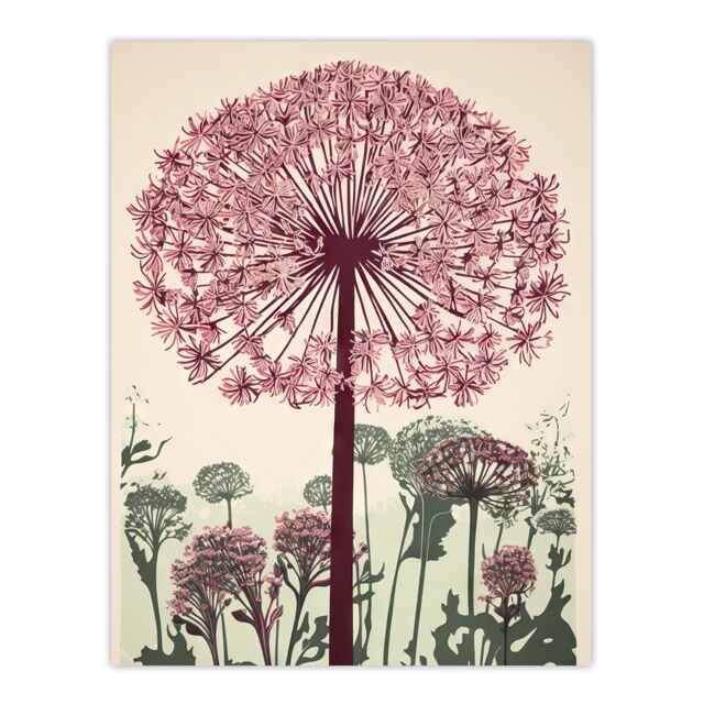 Artery8 Wall Art Print Allium Flower Blooms Linocut Painting Pink Green Wildflower Spring Field Nature Colourful Bright Floral Modern Artwork Poster - image 1