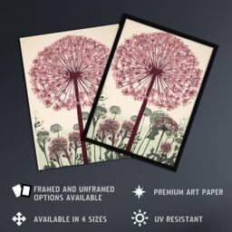 Artery8 Wall Art Print Allium Flower Blooms Linocut Painting Pink Green Wildflower Spring Field Nature Colourful Bright Floral Modern Artwork Poster - thumbnail 2