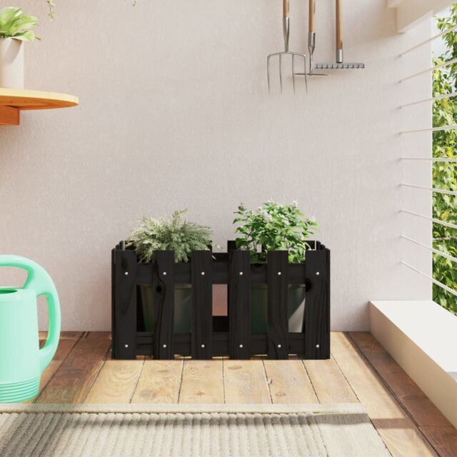 Berkfield Home Garden Planter with Fence Design Black 60x30x30 cm Solid Wood Pine - Size: 60 x 30 x 30 cm - image 1