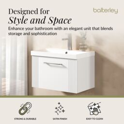 Balterley Wall Hung 1 Drawer Vanity Unit - Curved Basin 600mm, Satin White - thumbnail 2
