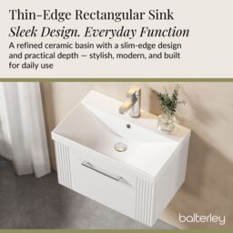 Balterley Wall Hung 1 Drawer Vanity Unit - Curved Basin 600mm, Satin White - thumbnail 4