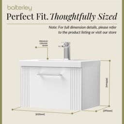 Balterley Wall Hung 1 Drawer Vanity Unit - Curved Basin 600mm, Satin White - thumbnail 5