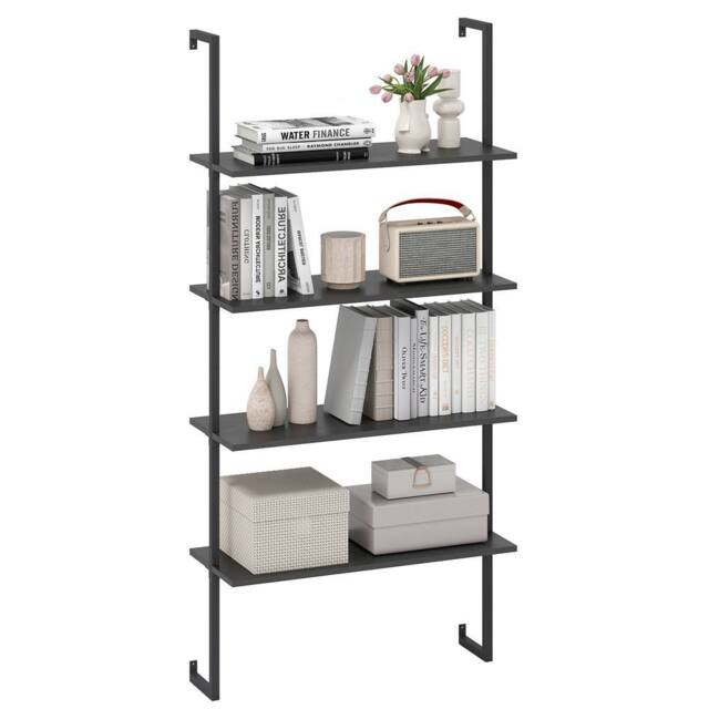 Costway 4-Tier Wall-Mounted Bookshelf Floating Display Shelves Wooden Bookcase in Black - image 1