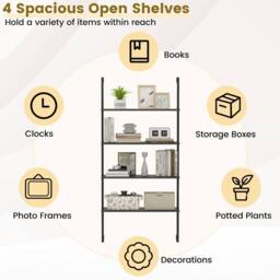 Costway 4-Tier Wall-Mounted Bookshelf Floating Display Shelves Wooden Bookcase in Black - thumbnail 6