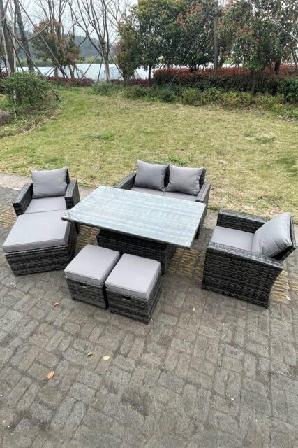 Fimous Rattan Outdoor Furniture Adjustable Rising Lifting Rectangle Dining Table Chairs Love Sofa Sets7 Seater in Dark Grey