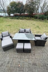 Fimous Rattan Outdoor Furniture Adjustable Rising Lifting Rectangle Dining Table Chairs Love Sofa Sets7 Seater in Dark Grey - thumbnail 2