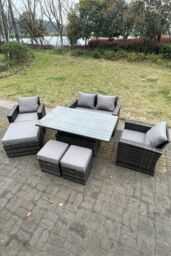 Fimous Rattan Outdoor Furniture Adjustable Rising Lifting Rectangle Dining Table Chairs Love Sofa Sets7 Seater in Dark Grey - thumbnail 1