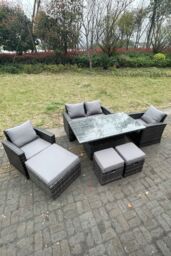 Fimous Rattan Outdoor Furniture Adjustable Rising Lifting Rectangle Dining Table Chairs Love Sofa Sets7 Seater in Dark Grey - thumbnail 3