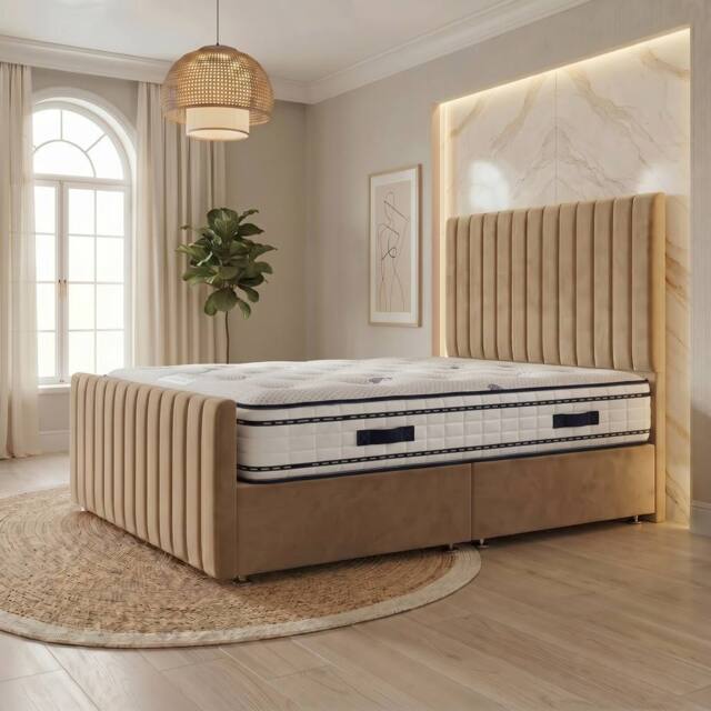 "Somnior Eleanor Velvet Divan Bed Mattress No Draw 54"" Headboard 22"" Footboard in Beige - Size: Single" - image 1