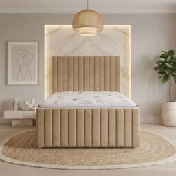 "Somnior Eleanor Velvet Divan Bed Mattress No Draw 54"" Headboard 22"" Footboard in Beige - Size: Single" - thumbnail 2