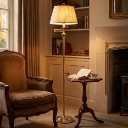 Happy Homewares Traditional Polished Brass Swing Arm Floor Lamp with Cream Shade in Gold - thumbnail 2