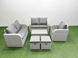 Fimous High Back Poly Rattan Garden Furniture Set w/ Reclining Chair Loveseat Sofa Rectangular Coffee Table Indoor Outdoor Patio Set 2 Stool Light - thumbnail 1