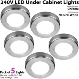 Loops 5x CHROME Round Surface or Flush Under Cabinet Kitchen Light Kit - 240V Mains Powered - Natural White LED - thumbnail 2