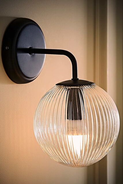 ValueLights Kempton Ribbed Glass Globe Shade Single Arm Wall Light with Bulb in Black - image 1