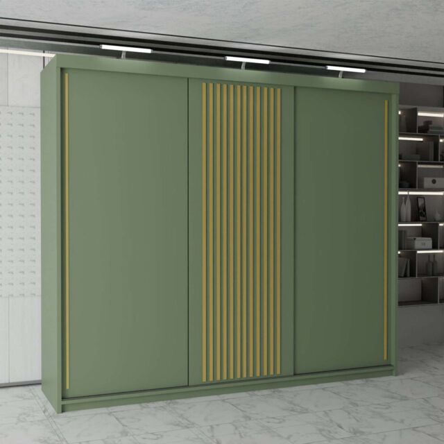 MN Furniture Modern Sliding Wardrobe with Golden Strips LED Light 250x217cm in Green - Size: 250x217 cm - image 1