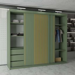 MN Furniture Modern Sliding Wardrobe with Golden Strips LED Light 250x217cm in Green - Size: 250x217 cm - thumbnail 3