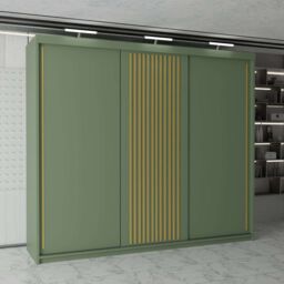 MN Furniture Modern Sliding Wardrobe with Golden Strips LED Light 250x217cm in Green - Size: 250x217 cm
