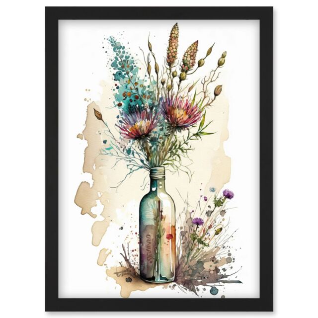 Artery8 Spring Flower Bouquet In Glass Wine Bottle Vase Artwork Framed Wall Art Print A4 in Black - image 1