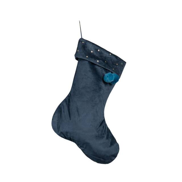 Samuel Alexander 70cm Hanging Dark Blue Velour Star Print Stocking with Pom Poms - image 1