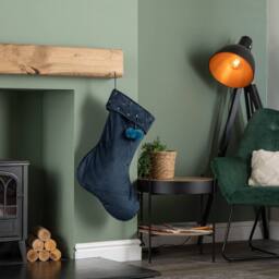 Samuel Alexander 70cm Hanging Dark Blue Velour Star Print Stocking with Pom Poms - thumbnail 3