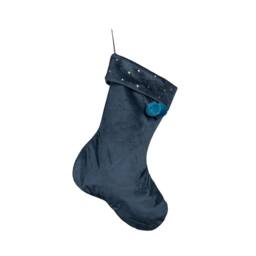 Samuel Alexander 70cm Hanging Dark Blue Velour Star Print Stocking with Pom Poms - thumbnail 1