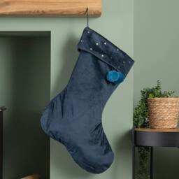 Samuel Alexander 70cm Hanging Dark Blue Velour Star Print Stocking with Pom Poms - thumbnail 2