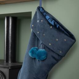 Samuel Alexander 70cm Hanging Dark Blue Velour Star Print Stocking with Pom Poms - thumbnail 7