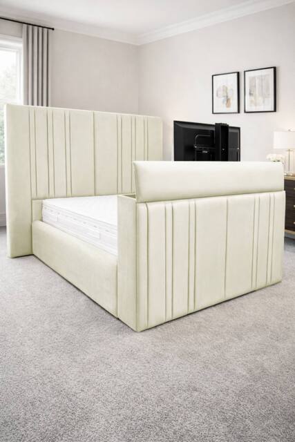 PARADISE BEDS LTD Smart Screen Velvet Upholstered Smart TV Bed Frame - Plush Velvet in Beige - Size: King - image 1