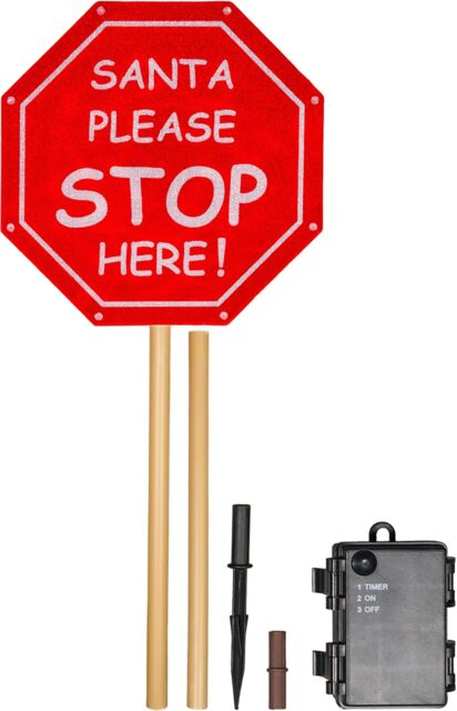 Netagon Outdoor LED Festive Christmas Light Up Santa Stop Here Sign with Timer & Battery Operation in Red - image 1