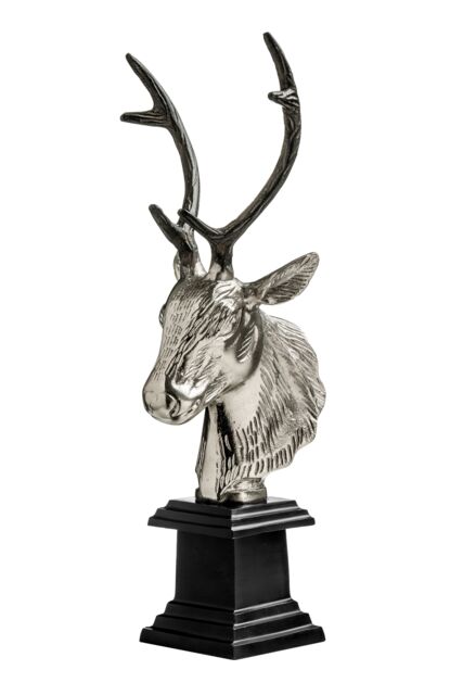 Stag Head Sculpture with Nickel Finish, Decorative Art Sculpture on Wooden Base, Stag Head Sculpture