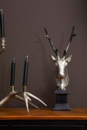 Stag Head Sculpture with Nickel Finish, Decorative Art Sculpture on Wooden Base, Stag Head Sculpture - thumbnail 3