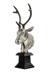 Stag Head Sculpture with Nickel Finish, Decorative Art Sculpture on Wooden Base, Stag Head Sculpture - thumbnail 1