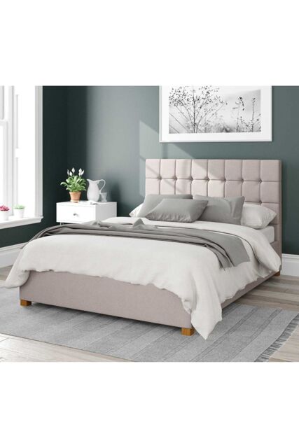 Aspire Sinatra Upholstered Ottoman Storage Bed, Eire Linen Fabric in Off-White - Size: Super King