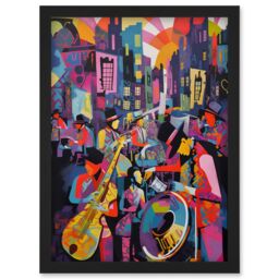 Artery8 New Orleans Jazz Festival Street Musicians Playing Music City at Sunset Abstract Modern Painting Artwork Framed Wall Art Print A4 in Black - thumbnail 1