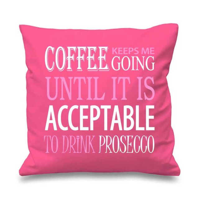 60 SECOND MAKEOVER Coffee Keeps Me Going Acceptable To Drink Prosecco Cushion Cover in Pink - Size: 40 cm x 40 cm