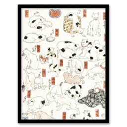 Artery8 Cats Vintage Japanese Ukiyo E Kuniyoshi Framed Wall Art Print in White - Size: A4 - thumbnail 1