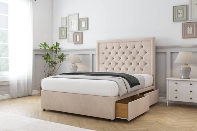 "Comfort Beds Rio Naples Divan Base 4 Drawers - 26"" Headboard in Light Sand - Size: Super King" - image 1