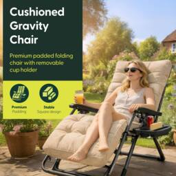Keplin Square Tube Zero Gravity Chair with Cushion - Extra-Wide 72cm Recliner in Beige - thumbnail 3